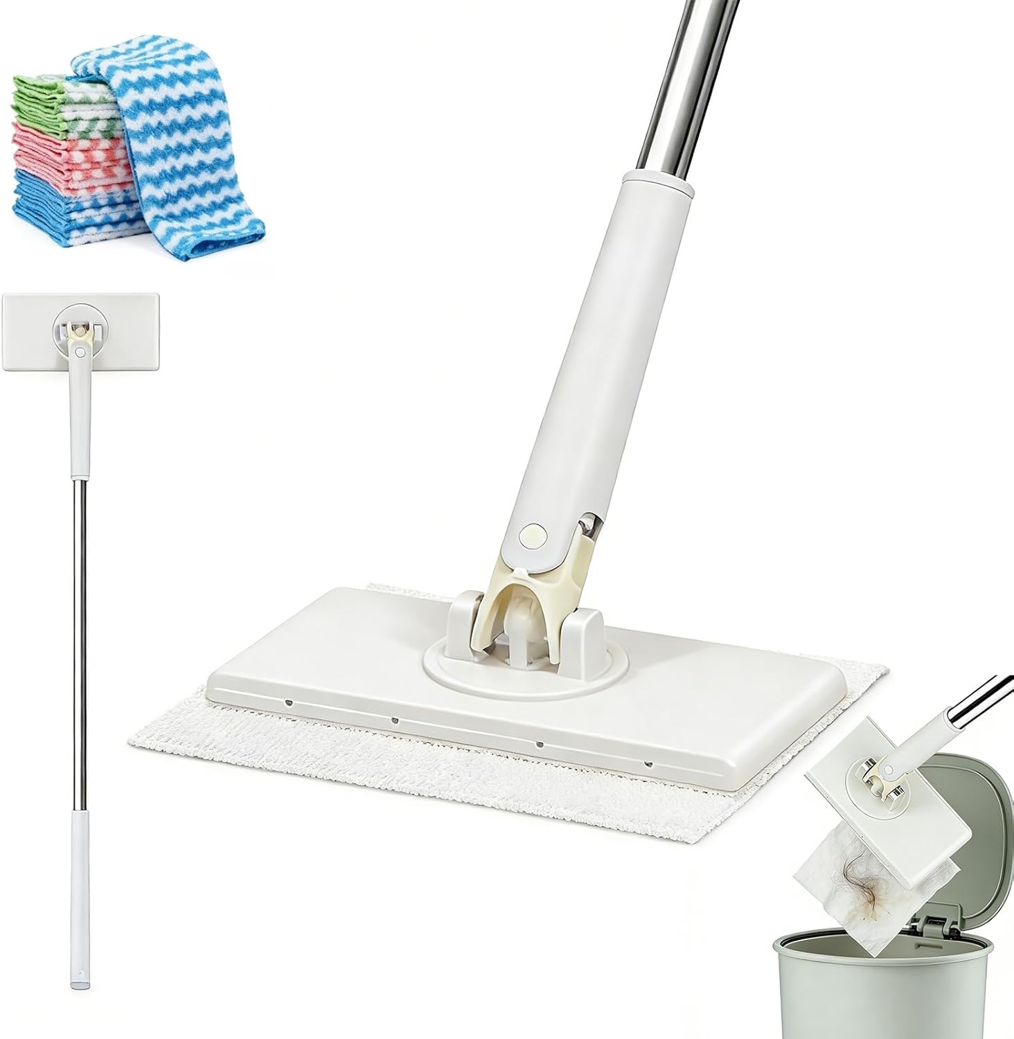 Snap Grip Mini Mop,Cloth Changing Mini Mop,35inch Long Handle Mopping Stick,360° Swivel Head,Dry and Wet Use,Ideal for Tight Corners,Tile and Hardwood(White,6 Reusable Cloth)