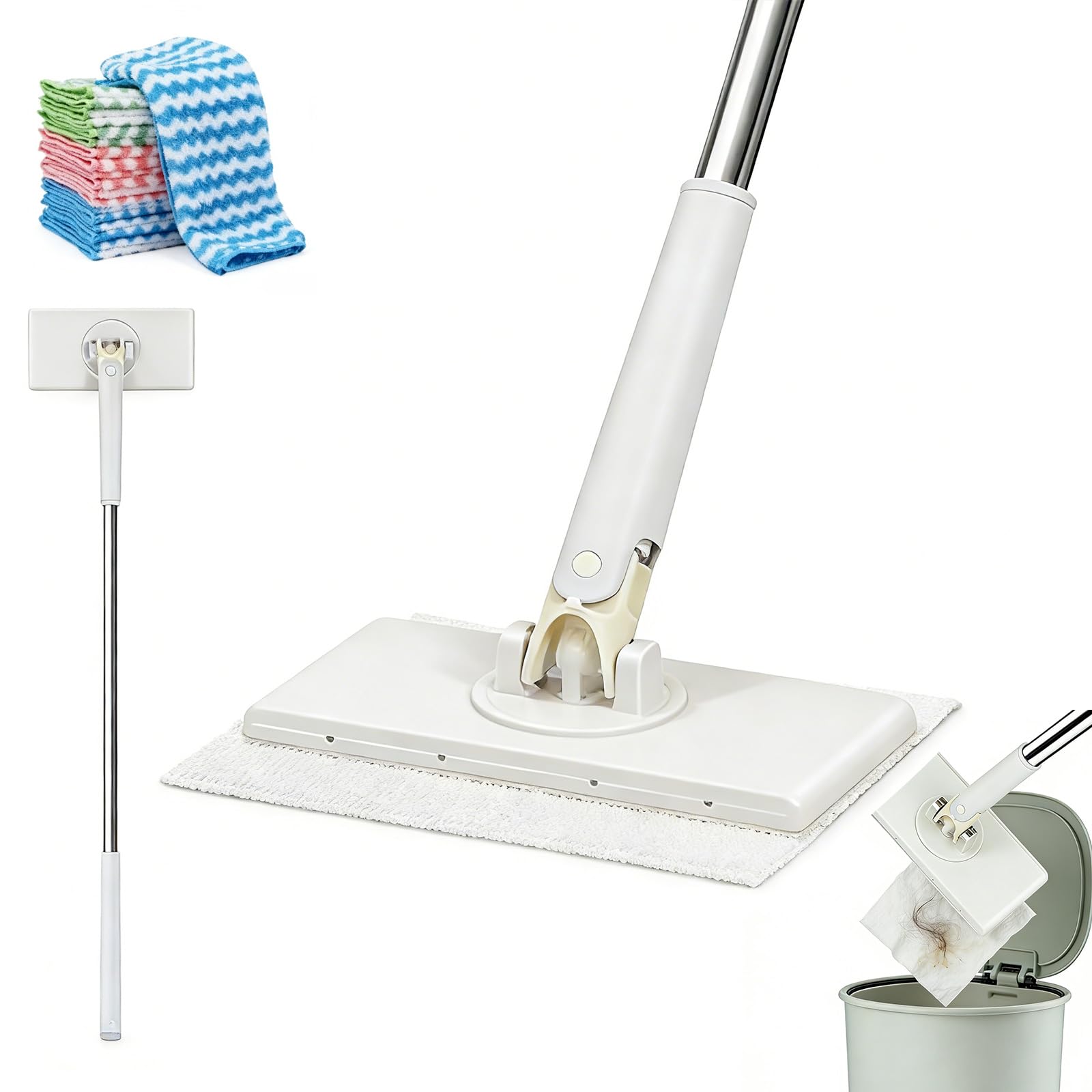 snap grip mini mop,cloth changing mini mop,27inch long handle mopping stick,360° swivel head,dry and wet use,ideal for tight corners,tile and hardwood(white,6 cloth)