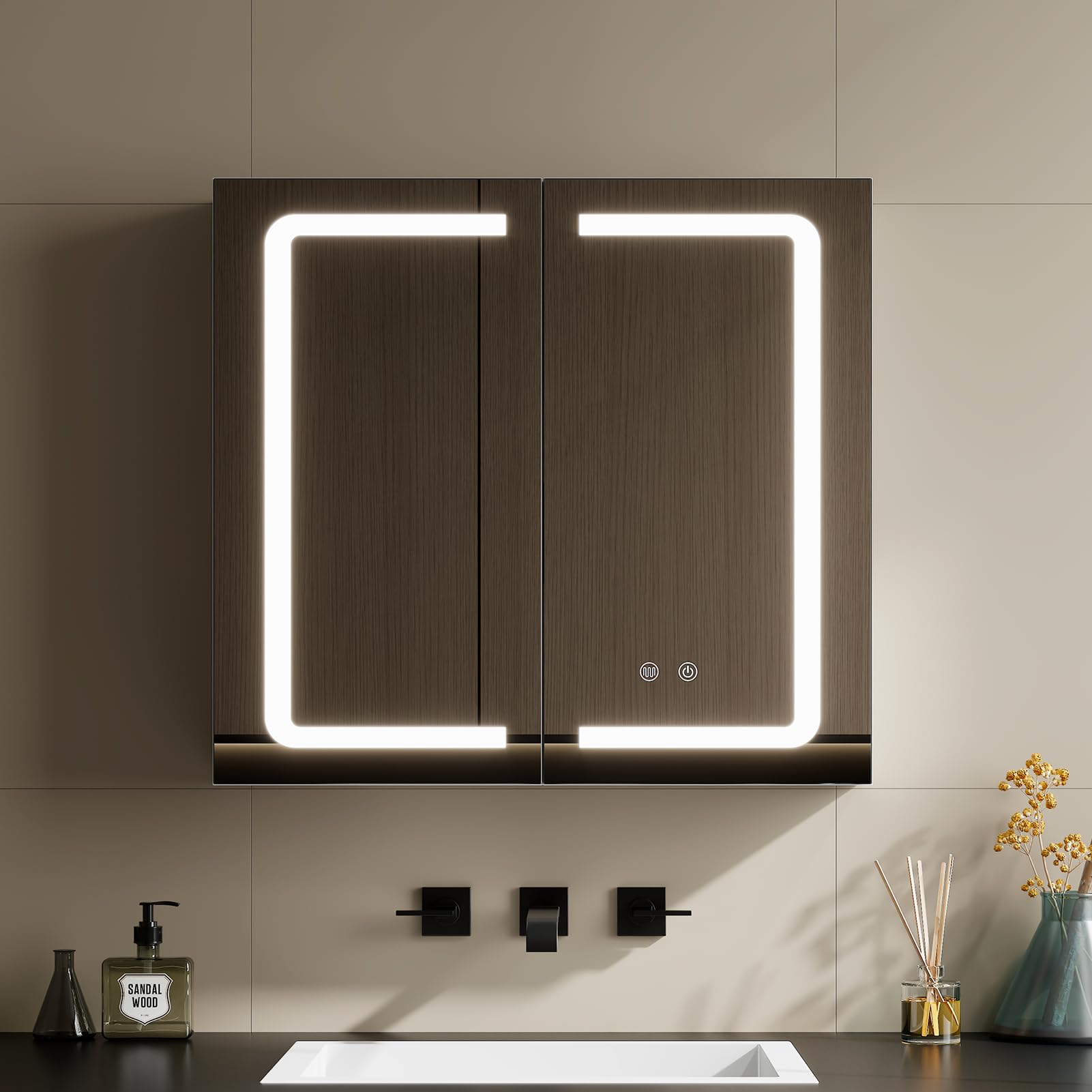 Warmiehomy Bathroom Mirror Cabinet with Lights,65x60cm 3-color Dimmable LED Illuminated Bathroom Mirror Cabinets with Shaver Socker Defogger Touch Switch Two Door,White Frame — image 1