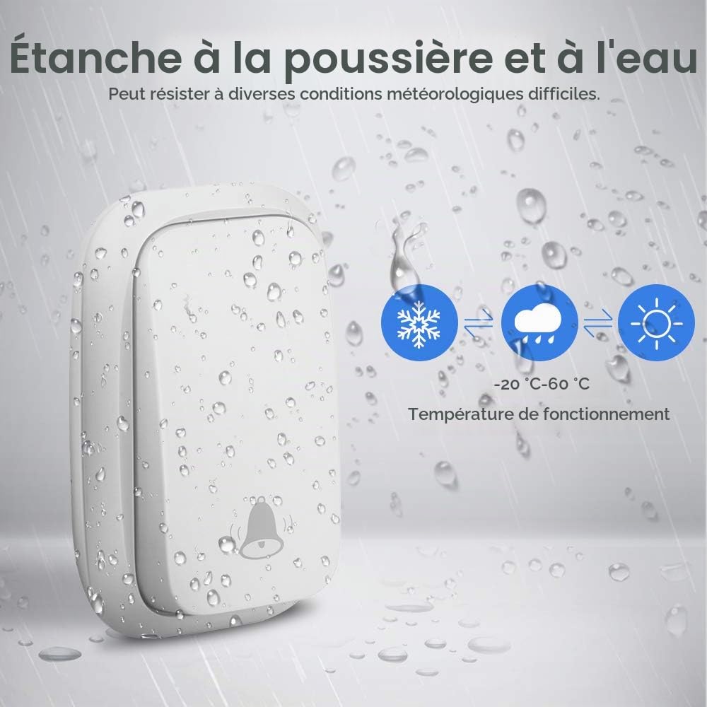 Sonnette sans Fil, PDGROW Sonnette Auto Alimentée sans Batterie Requise Carillon de Porte sans Fil, Bouton Poussoir étanche à 150m de Portée avec 38 Carillons, Volume à 4 Niveaux et LED - Blanc
