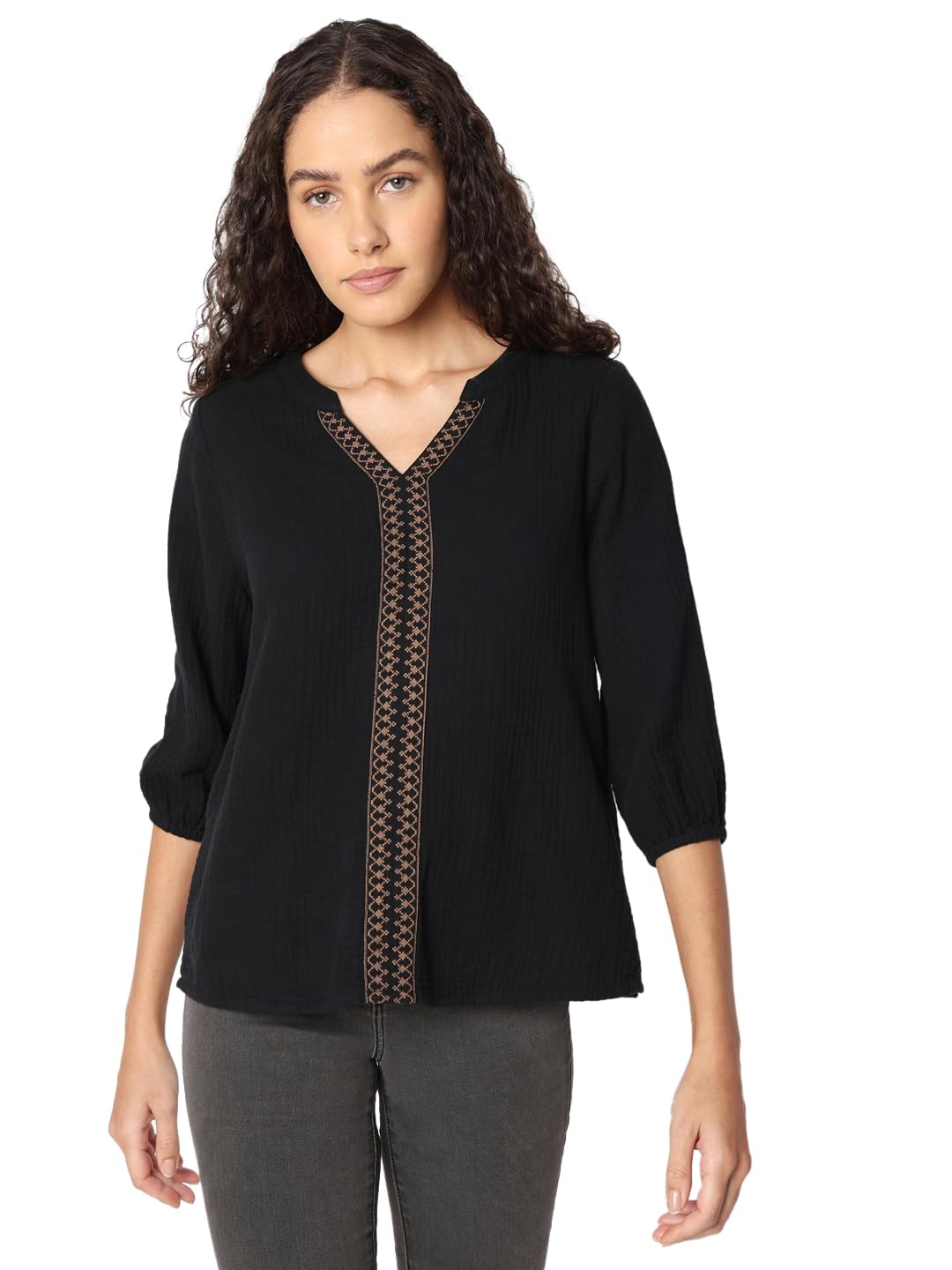 VERO MODA Women’s Cotton Regular Bishop Sleeves Embroidered Monochrome Top | Mandarin Collar | V-Neckline | Black Top for Women VERO MODA Women’s Cotton Regular Bishop Sleeves Embroidered Monochrome Top | Mandarin Collar | V-Neckline | Black Top for Women