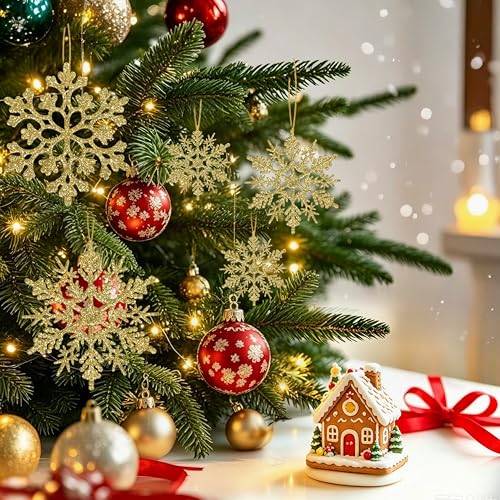 Image of 60pcs Christmas Gold Snowflake Ornaments Plastic Glitter Snow Flakes Ornaments for Winter Christmas Tree Decorations Size Varies Craft Snowflakes