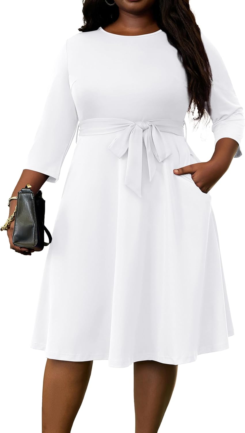FANDEE Plus Size Midi Dress for Women - Printing Summer Dresses Casual 3/4 Sleeves Round Neck, Pockets and Belt（XL-5XL）