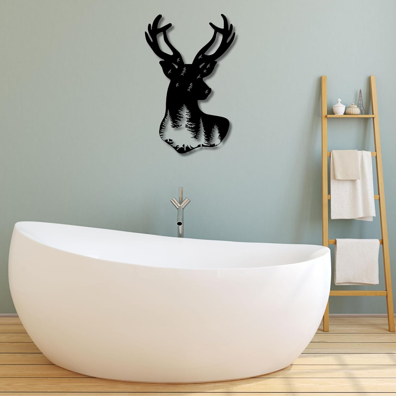 Forest Deer Silhouette Metal Wall Art,Cabin Decorations Rustic Clearance,Woodland Deer Wall Decor,Hunting Cabin Decor,Wildlife Pictures,for Living Room,Entryway,Bathroom (Black, 31"Wx48"H/79x121cm, Metal Wall Art)