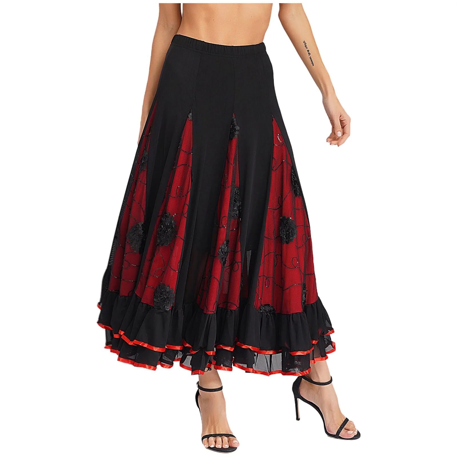 Falda Flamenca Mujer Faldas largas con Volantes y Lentejuelas for Mujer, Traje clásico for Flamenco, vals español, Baile de salón, Faldas largas con Flores y Lentejuelas.(Black)