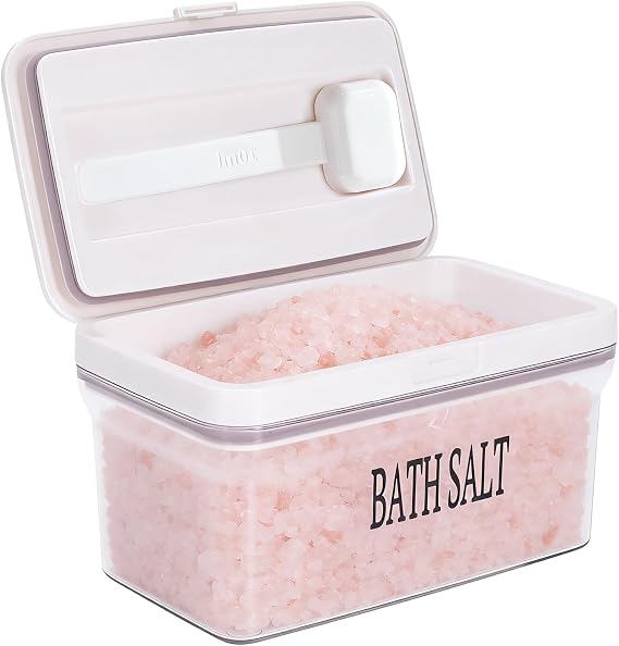 Bath Salt Container with Magnetic Scoop, 29oz Airtight Plastic Jar, Flip-Top Bathroom Storage Canister for Bath Salts, Epsom Salt, Bombs - BPA Free, Clear