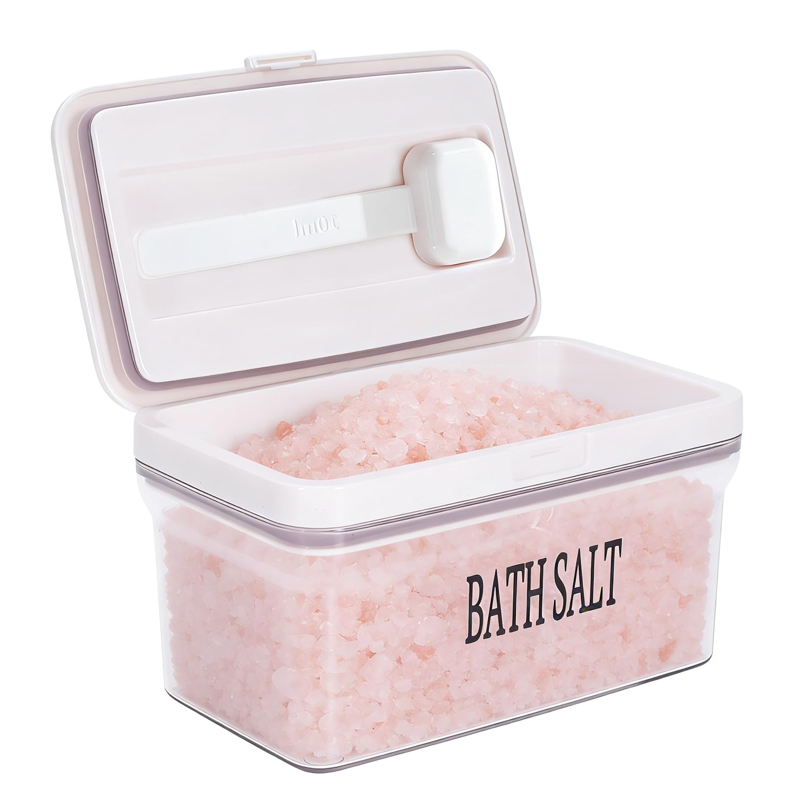 Bath Salt Container with Magnetic Scoop, 29oz Airtight Plastic Jar, Flip-Top Bathroom Storage Canister for Bath Salts, Epsom Salt, Bombs - BPA Free, Clear