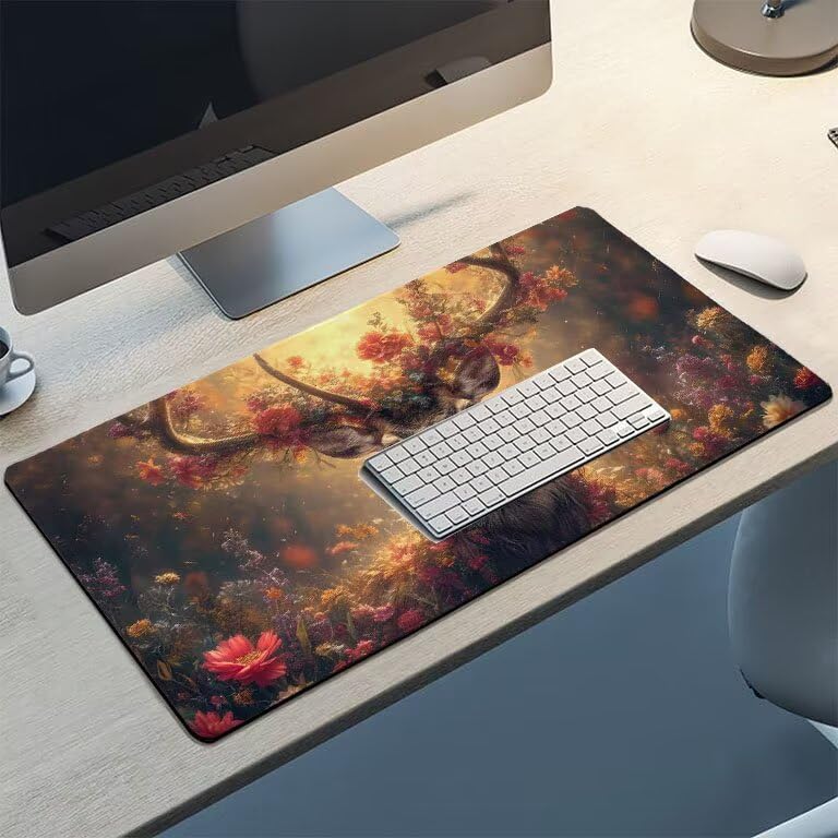 Tappetino Mouse Gaming XXL 1600 x 800 mm Tappetino Antiscivolo Sottomano Da Scrivania Per Mouse e Tastiera, Con Base In Gomma Antiscivolo, Lavabile, Mouse Pad foresta cervo, Regalo per Uomo L-843