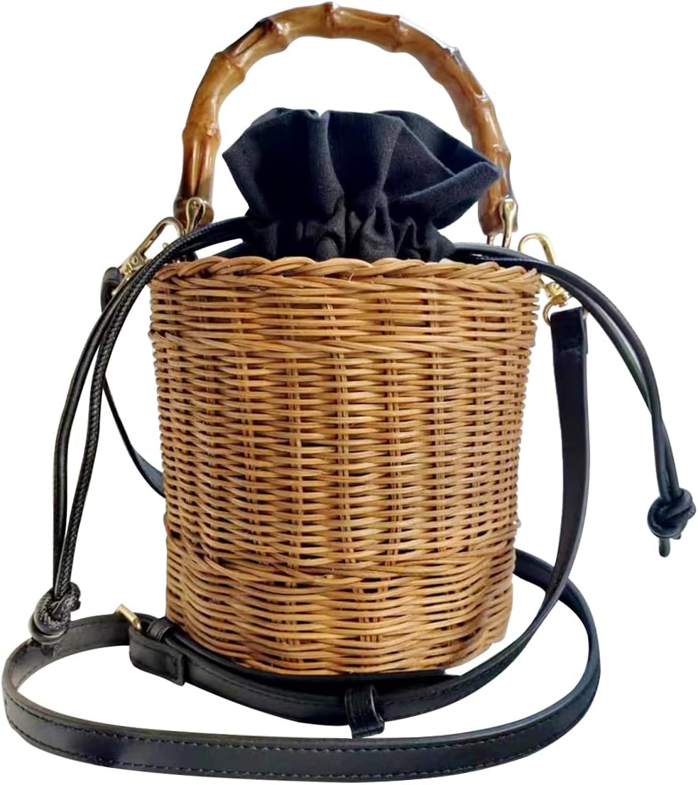 Flower Pearls Rattan Tote Bag Summer Beach Drawstring Straw Bucket Bag Diamonds Woven Handbag - Image 8