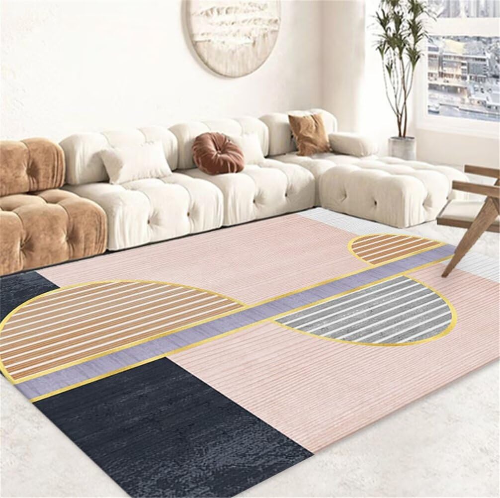Tapis de chambre 200x250cm rose et bleu rayé moderne pour salon et enfants