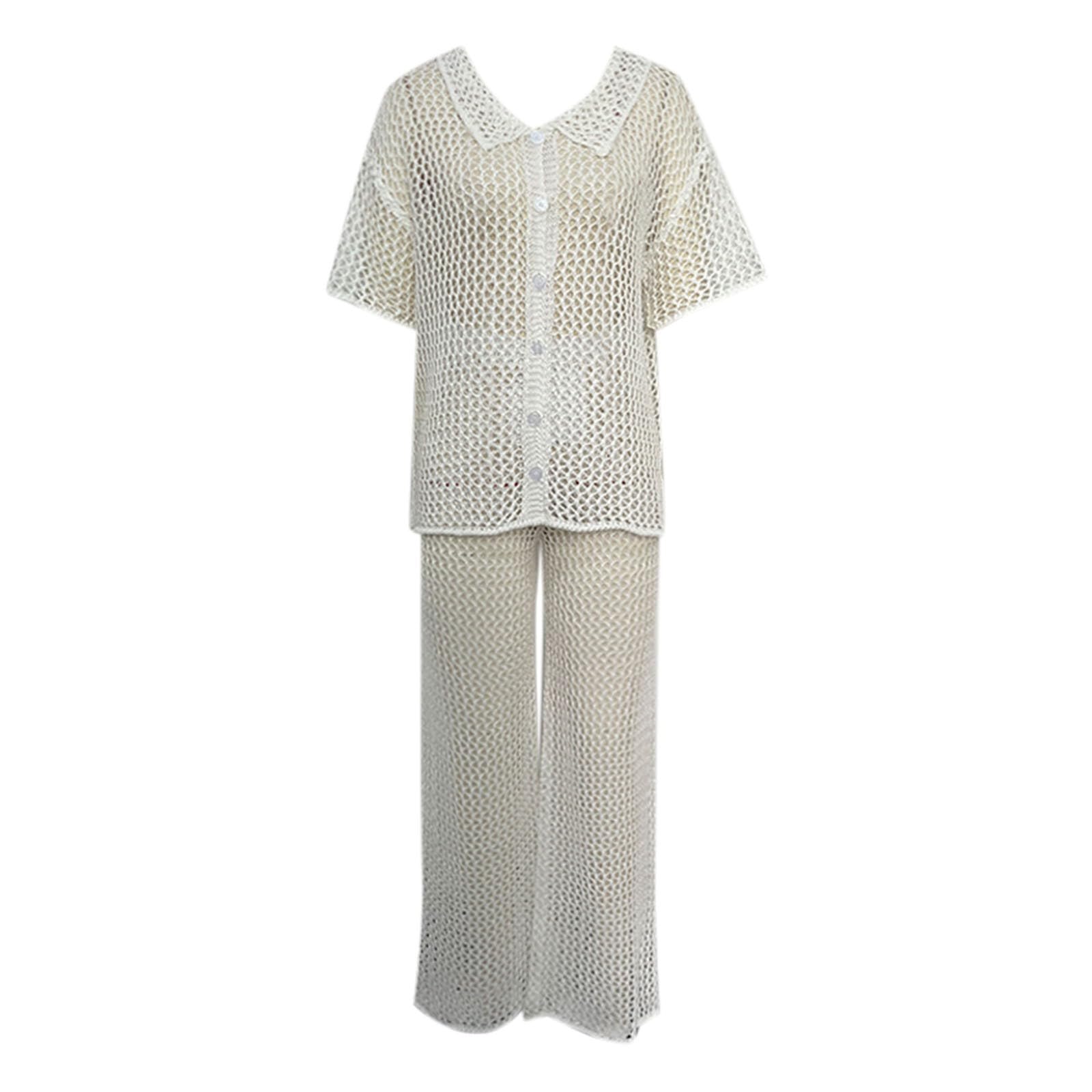 Ensemble Crochet Deux Pièces Ajouré, Haut Boutonné Pantalon Large, Maillot de Bain de Plage, pour Soleil, Vacances et Sorties Balnéaires