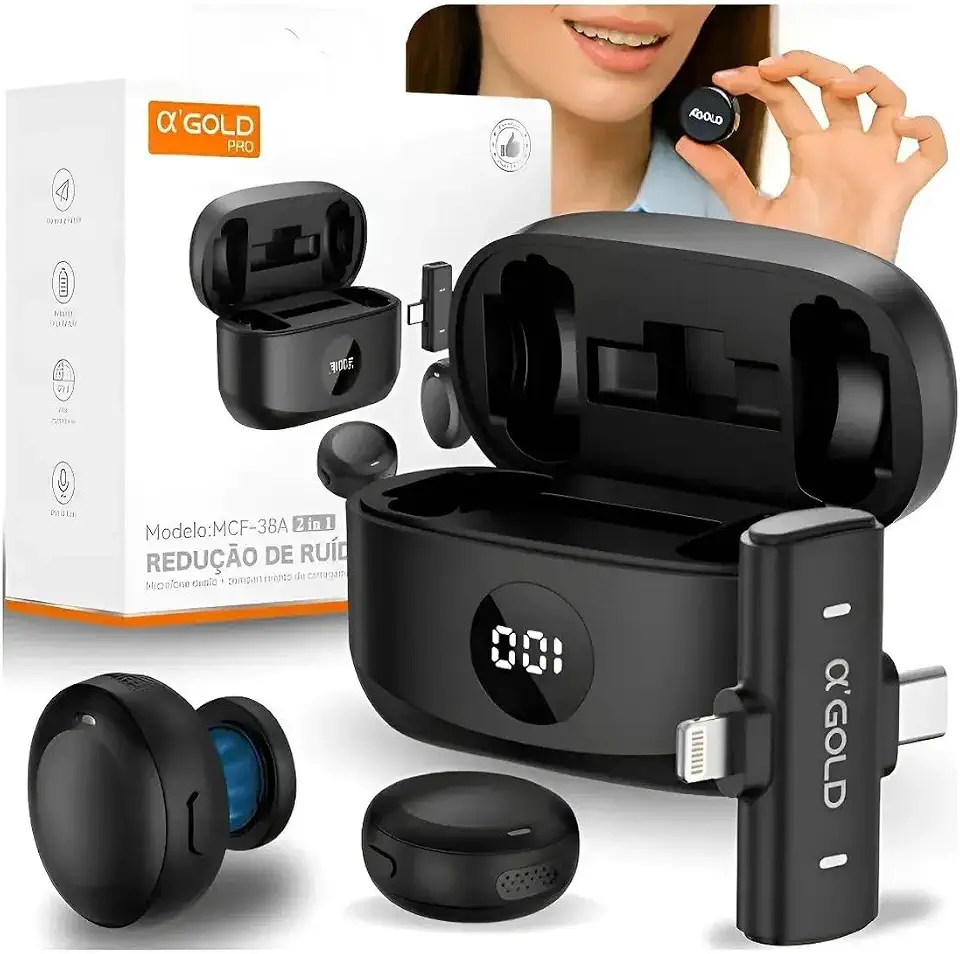 Kit com 2 Microfones de Lapela Sem Fio Bluetooth USB-C – Áudio Profissional com Cancelamento de Ruído, Compatível com iPhone e Android, Plug & Play para Vídeos, Lives e YouTube - Premium