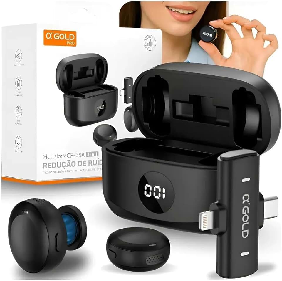Kit com 2 Microfones de Lapela Sem Fio Bluetooth USB-C – Áudio Profissional com Cancelamento de Ruído, Compatível com iPhone e Android, Plug & Play para Vídeos, Lives e YouTube - Premium
