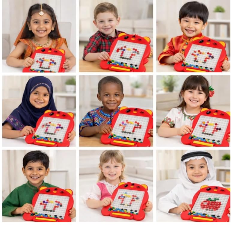 Image of Red Magnetic Drawing Board for Kids - Magnetic Mosaic Puzzle Board with Color Beads, Magnetic Pen & Pattern Cards - Educational STEM Learning Toy for Kids - (Pack of - 1)