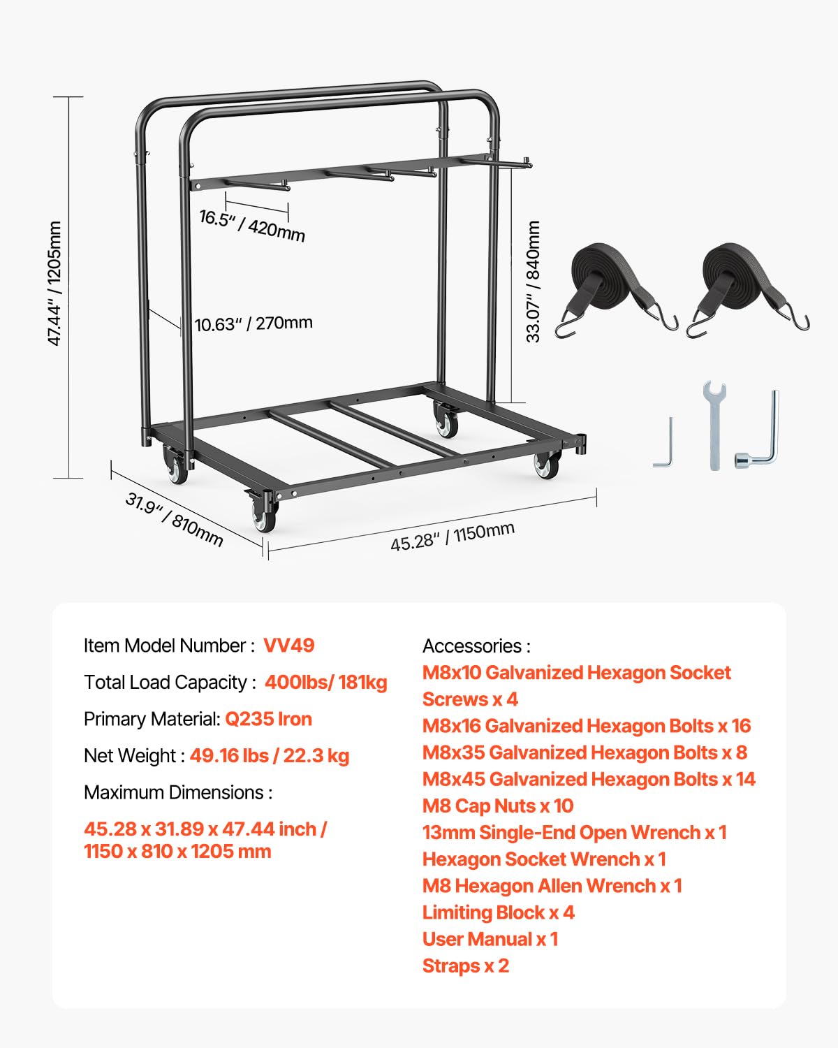 VEVOR Stuhlkarre, Klappstuhlwagen, 180 kg, für 5 Tische + 14 Stühle, Stuhlaufbewahrungswagen mit Stuhlhalter mit Lenkrollen & Feststellrädern, für Partyveranstaltungen, Hotels, Mattschwarz