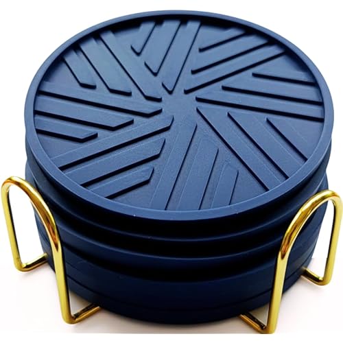Coasters Set of 6 - Non-Slip Table Coasters for Drinks, Mugs, Glasses, Cups, Bottles - Round Pads with Stylish Groove Patterns & Gold Holder Stand - 4", 0.23" (Navy Blue)