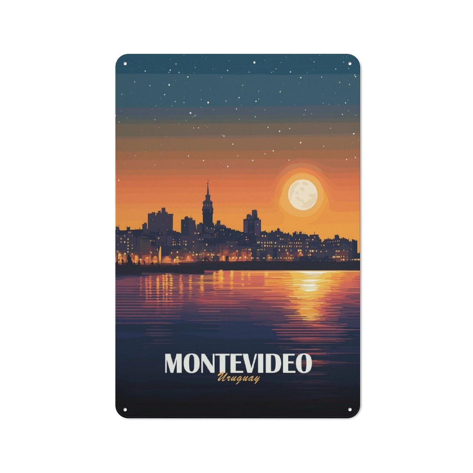Urban Metal Wall Art Sign 30x20cm Featuring Montevideo Uruguay Cityscape at Night, Urban Room Decor for Modern Home, Workshop, Office Or Cafe