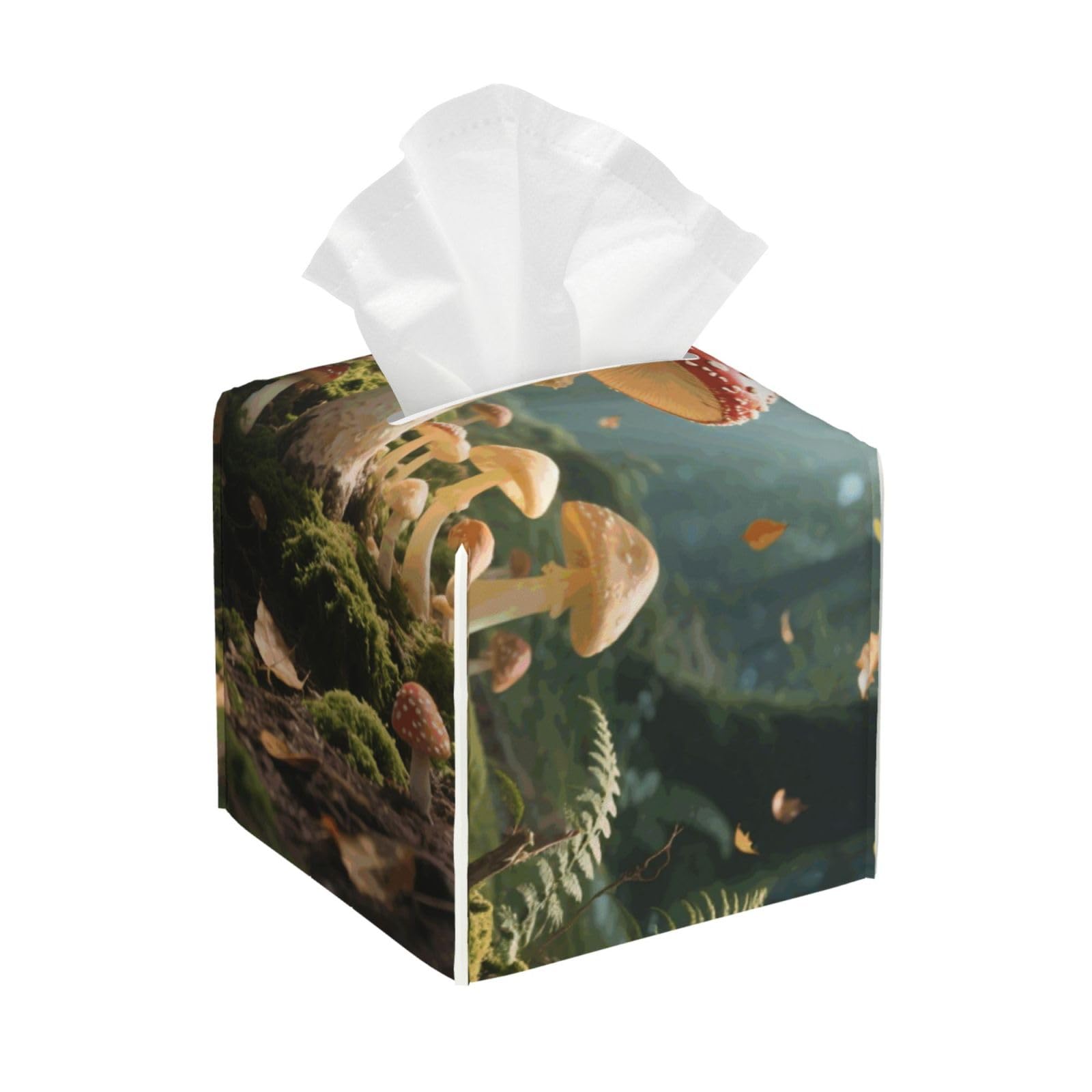 Pu Leather Cube Tissue Box Holders Modern Waterproof Square Tissue Box Cover Mushroom Print Facial Paper Holder for Bathroom Kitchen Nightstand Office Home Decor
