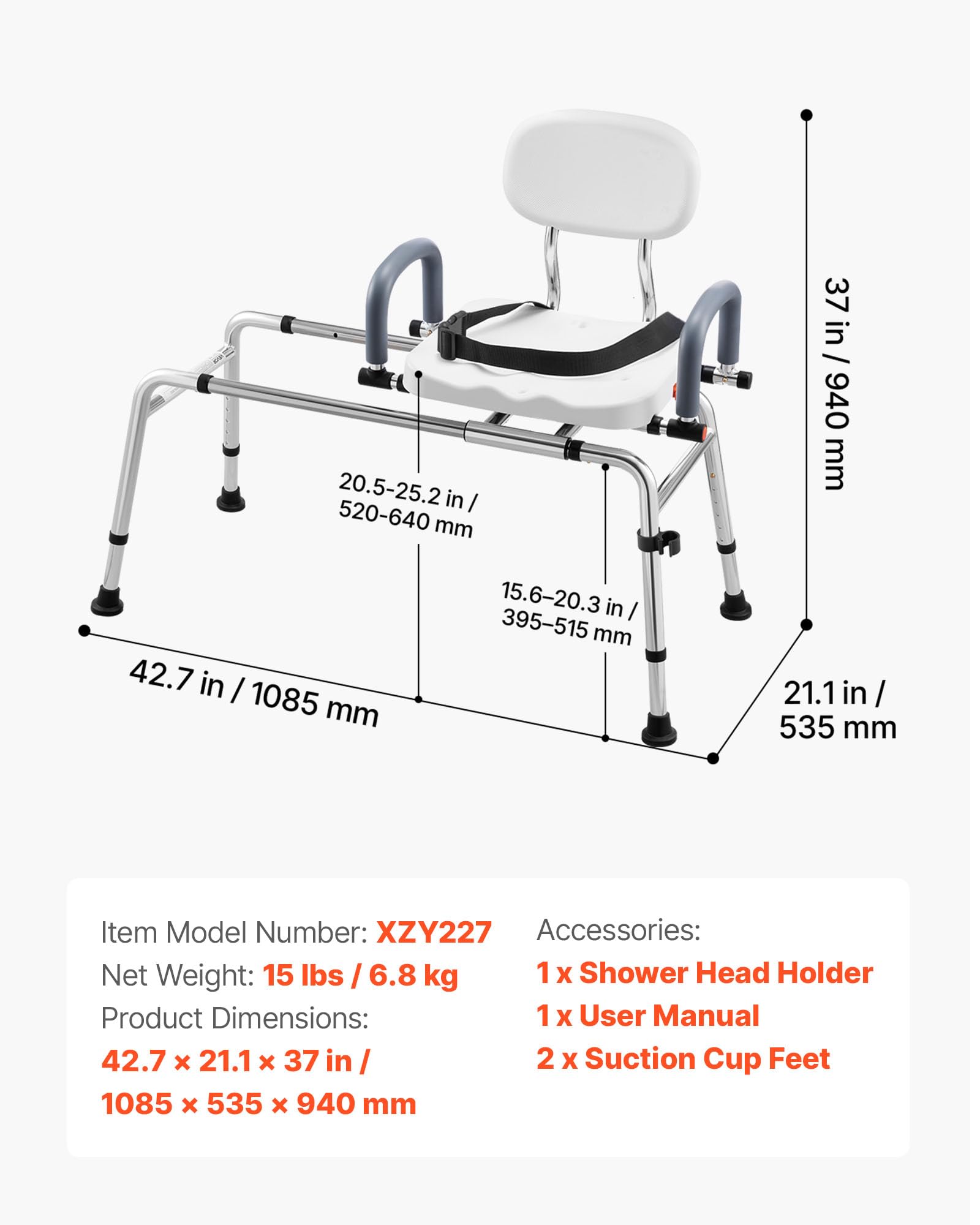 VEVOR Chaise de Baignoire Coulissante, Siège de Transfert pour Baignoire Pivotant, Capacité 180 kg, Accoudoirs et Dossier, pour Adultes, Personnes Âgées et Handicapés, Hauteur et Largeur Réglables