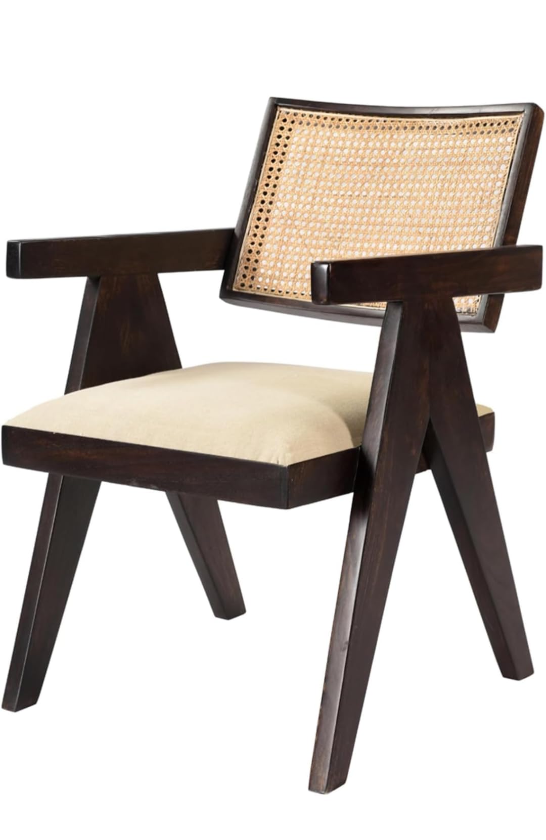 Modern Cane Back Accent Chair, Black Wood Frame with Natural Rattan, Ivory Cushioned Seat, Contemporary Living Room Furniture-image-43