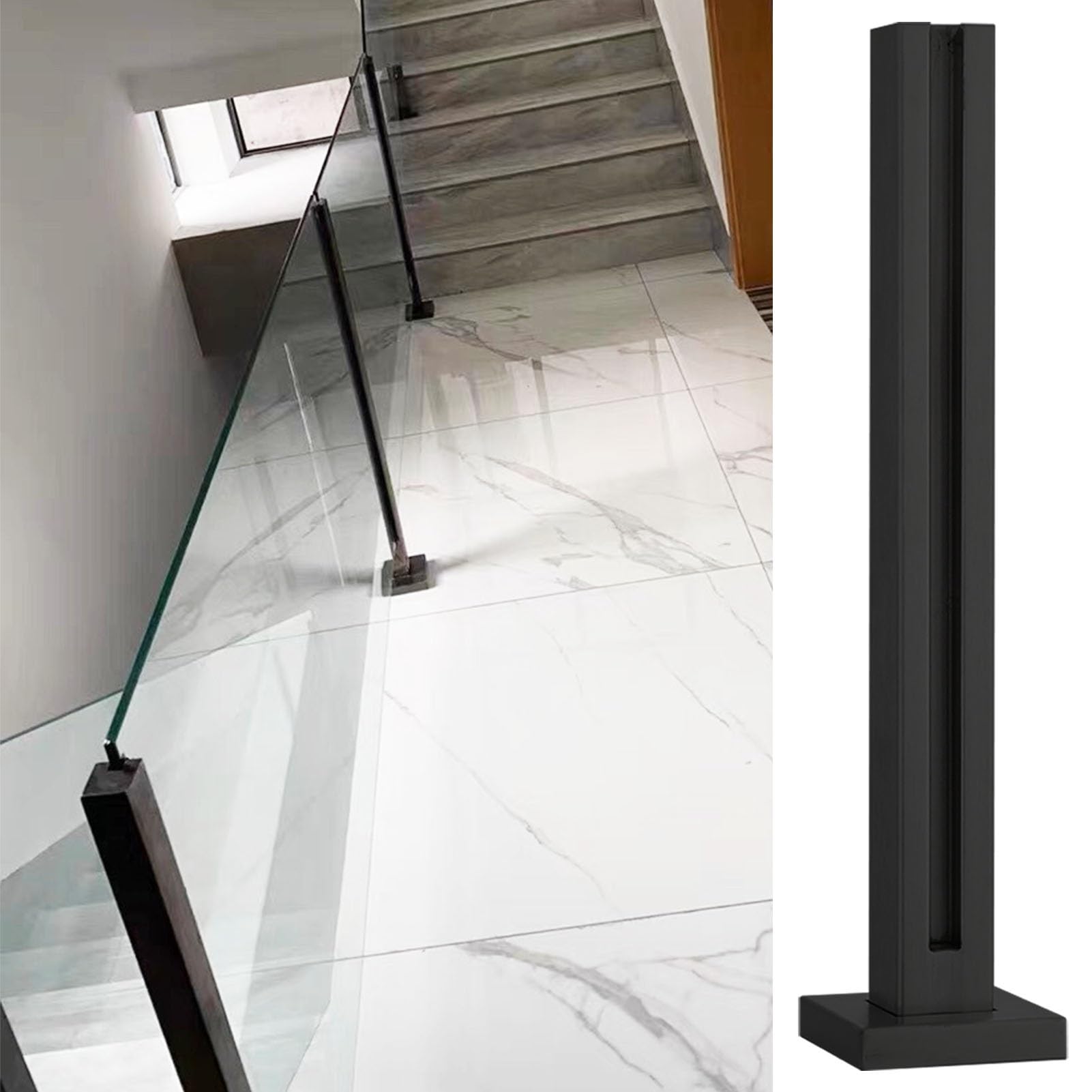 Generisch Słupek do balustrad szklanych – matowy czarny, kwadratowy słupek szklany, uchwyt poręczy ze stali nierdzewnej 304, wytrzymały system szklanych balustrad do użytku w pomieszczeniach, m