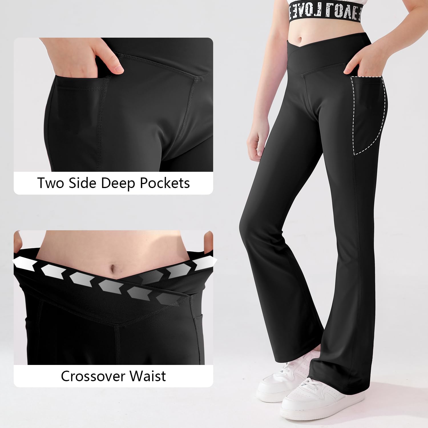 Girls Flare Yoga Leggings Cross High Waisted Flared Pants Dance Cute Activewear Kids Pants with Pockets 5-13 Years - Image 5