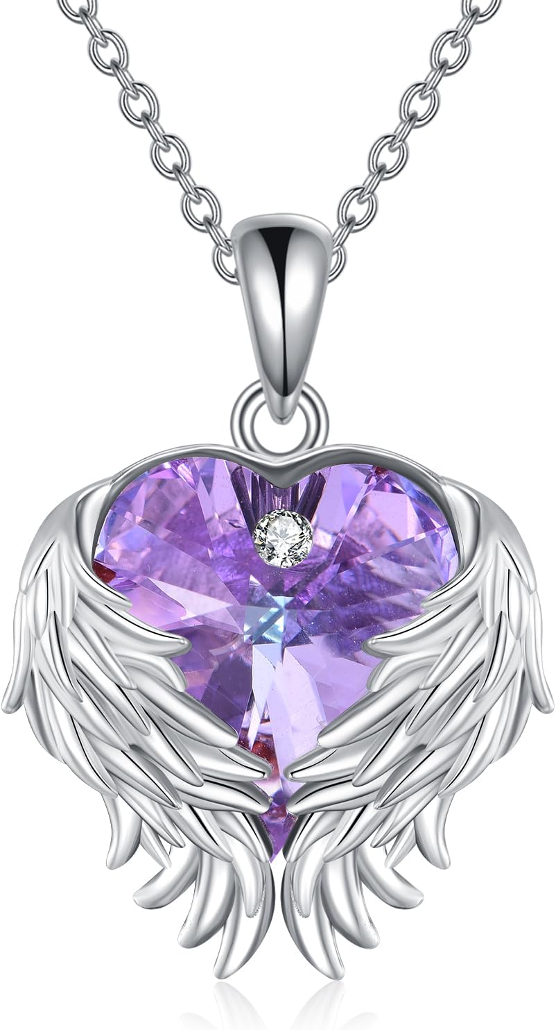 URONE Angel Wings Necklace for Women 925 Sterling Silver Love Heart Purple Crystal Pendant Wedding Anniversary Christmas Valentine's Mother's Day or Birthday Jewelry Gifts for Mom Wife