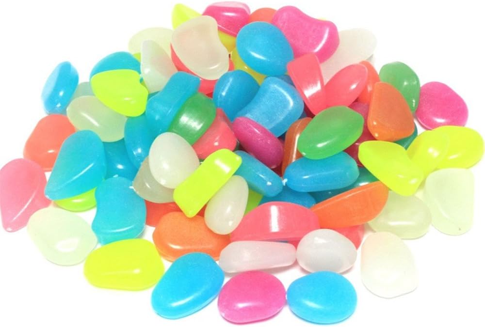 elfisheu 100pcs Glow in the Dark Pebbles Luminous Cobblestones Colorful Stones Garden Walkway Yard Aquarium Fish Tank Decorations