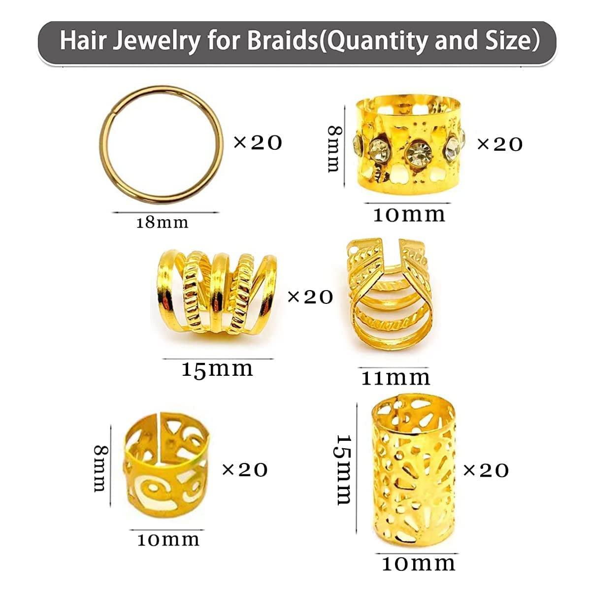 100 Stück Gold Dreadlock Loc Zubehör Haarschmuck für Zöpfe Locs Perlen Schmuck für Haar verstellbare Manschetten Eisen Flechten Haarringe Dekoration für Frauen und Mädchen