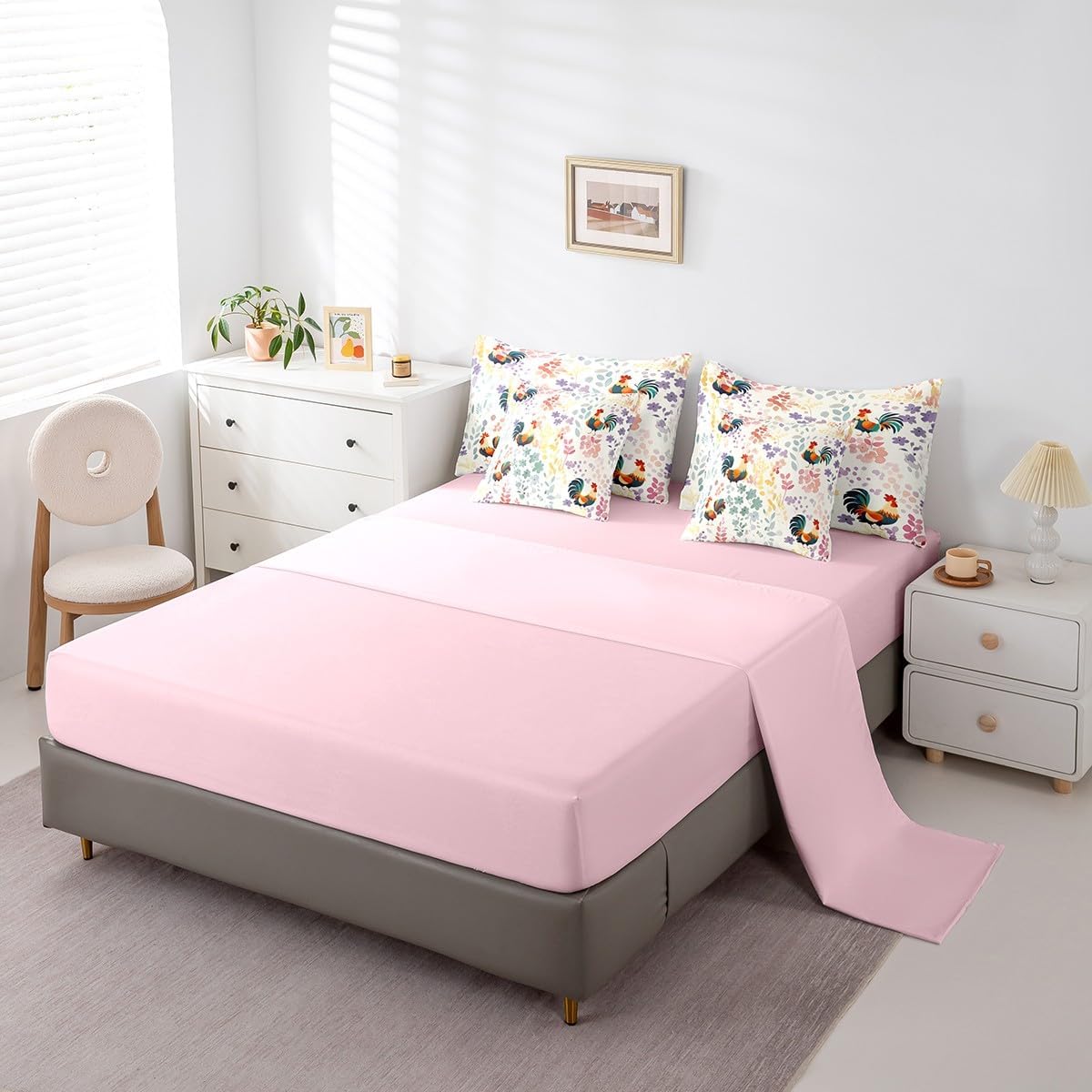 Erosebridal 7Pcs Flower Chicken Queen Comforter Set with Sheets,Farmhouse Animal Rooster Bedding Set for Kids Girls Boys,Country Farm Floral Bed Set with Fitted Sheet,Flat Sheet,Pillowcases
