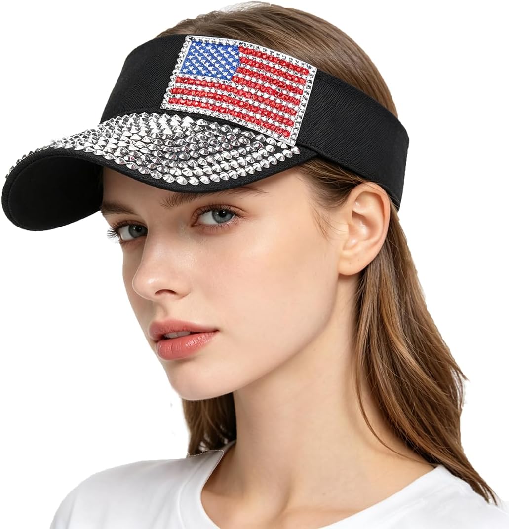 American Flag Rhinestone Visor Hat, Hollow Out Top UV Protection Sun Hat Fashion Outdoor Shade Cap for Women