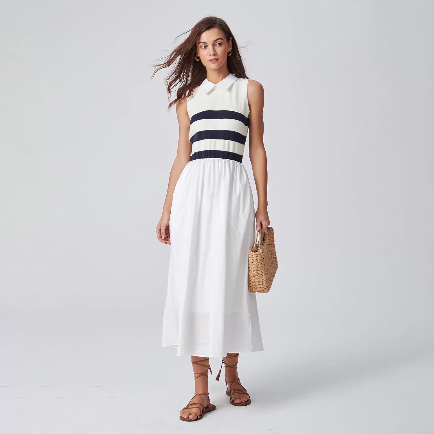 D-Sun Women's 2026 Spring Summer Sweater Midi Dresses Sleeveless Stripe Casual Knit A Line Long Dresses - Image 3