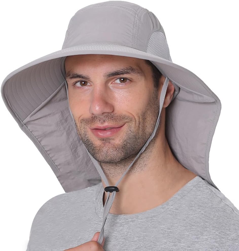 Wide Brim Sun Hat for Men with Neck Flap UPF 50+ UV Protection Safari Hat Ventilated Mesh Side Fishing Hiking Hats