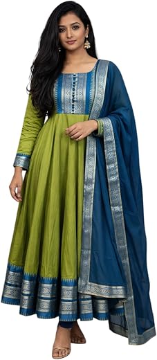 White hill enterprises Elegants Silk Cotton Anarkali Orange Gown Set with Zari Kanchi Border &amp; Contrast Zari Dupatta Ethni...