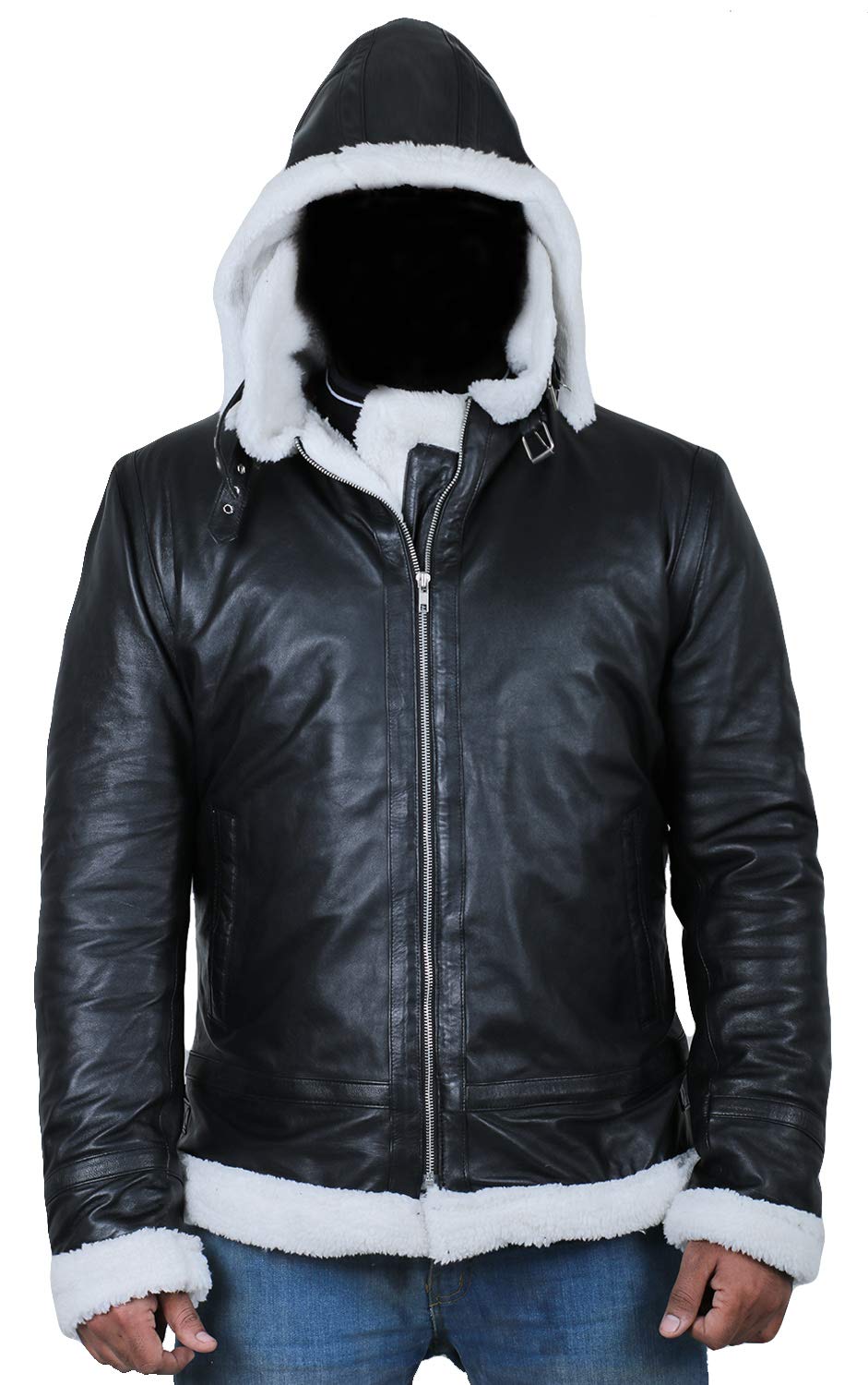 LaverapelleMen's Genuine Lambskin Leather Jacket (Black, Hooded) - 1701043