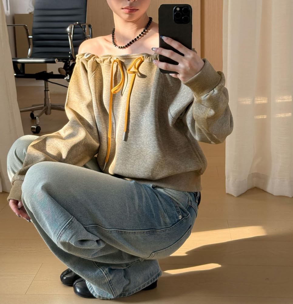 Bluza Damska z Odkrytymi Ramionami I ściągaczem Krótki Top w Stylu Retro z Długim RęKawem I Gradientem Modna Na Jesień