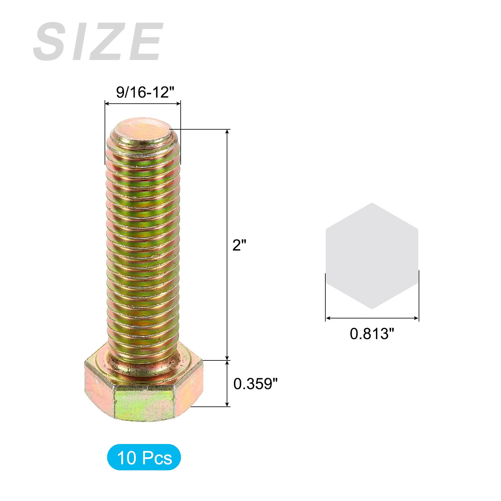 METALLIXITY Hex Bolts (9/16-12 x 2") 10Pcs, 8 Grade Carbon Steel Zinc Plated, UNC Coarse Thread, External Hex Drive - Image 2