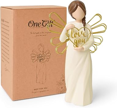 Love You Angel Figurine Holding Love Sign, 5.3" Hand-Painted Resin Statue