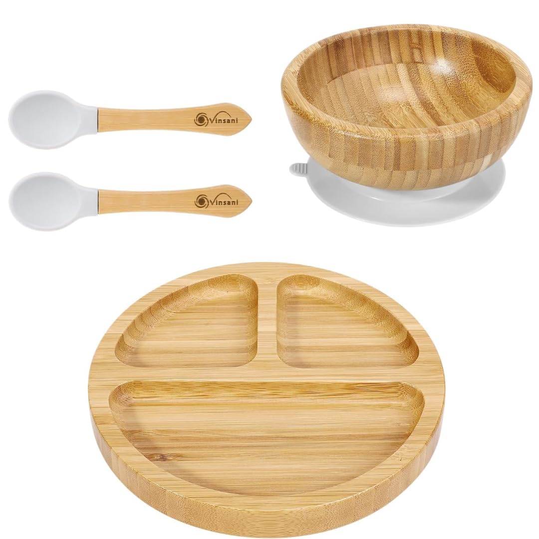 Vinsani Bamboo Bowl, Round Plate and Spoon Set for Baby/Toddler, Suction Plate, Stay-Put Design, Hypoallergenic and BPA-Free (Grey)