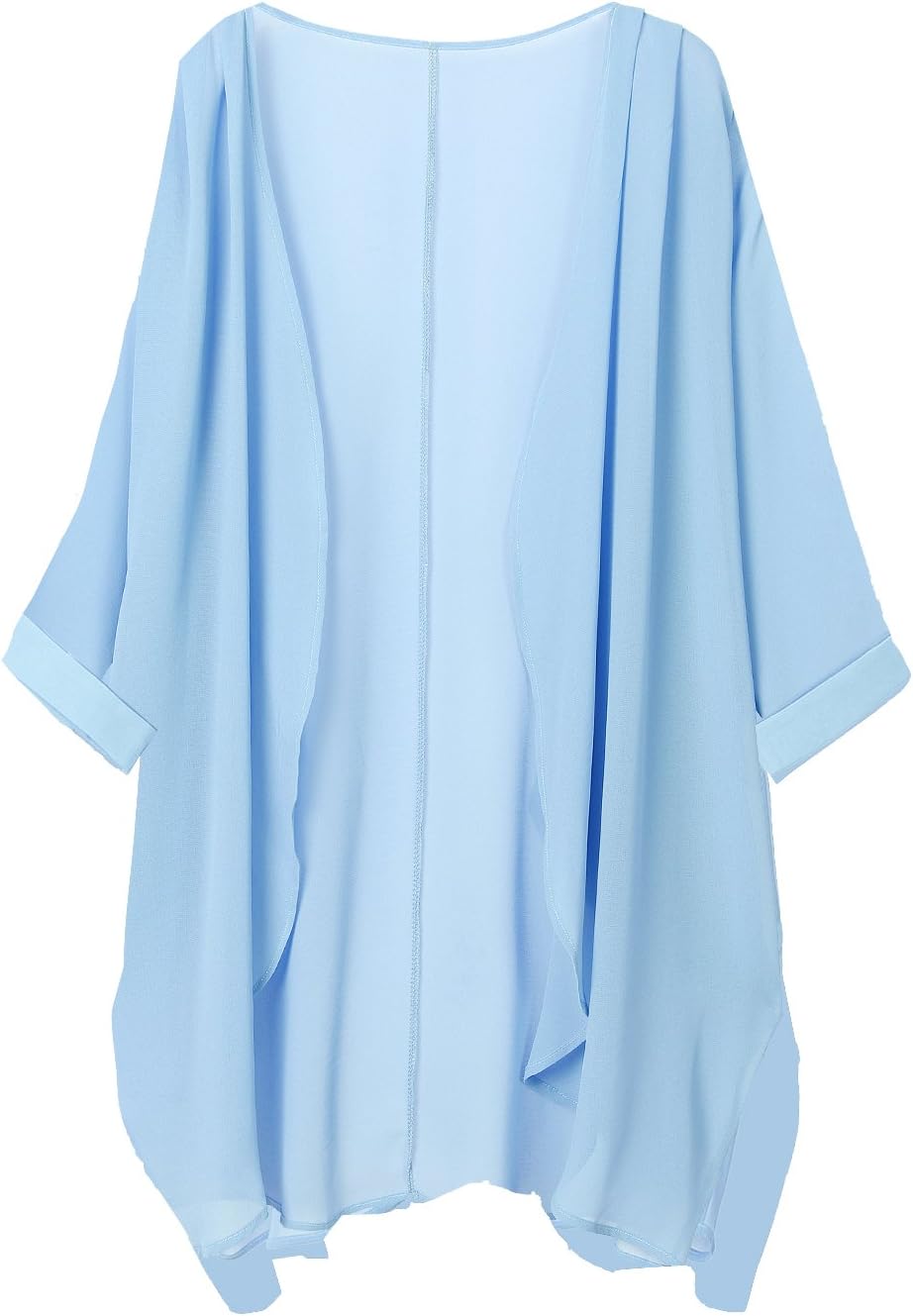 Tribear Women's Sheer Chiffon Kimono Cardigan Solid Casual Capes Beach Cover up (X-Large, Light Blue)