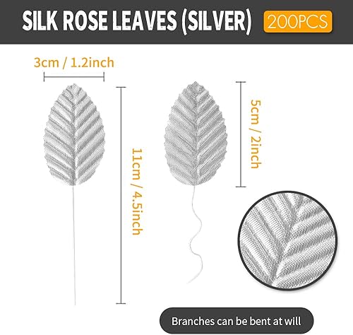 Miniatura 7 de 200 hojas de rosas artificiales de seda, falsas hojas individuales con alambre para manualidades, arreglos florales, hogar, cocina, boda, decoración