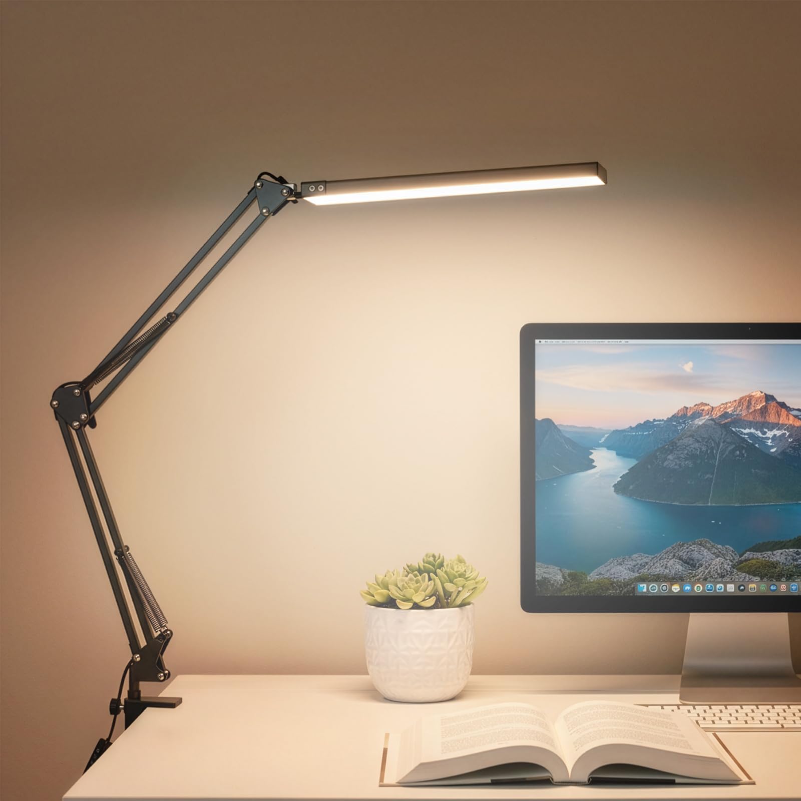 LED Desk Lamp with Clamp, 12W Desk Light for Home Office, 3 Color Temperature Modes (3200K/4200K/5800K), 10-Level Dimmable Study Lamp, Eye-Caring, Flexible Swing Arm, USB Powered (Black)