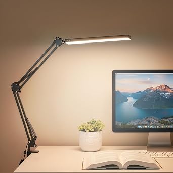 LED Desk Lamp with Clamp, 12W Desk Light for Home Office, 3 Color Temperature Modes 3200K/4200K/5800K, 10-Level Dimmable Study Lamp, Eye-Caring, Flexible Swing Arm, USB Powered Black [Energy Class A]
