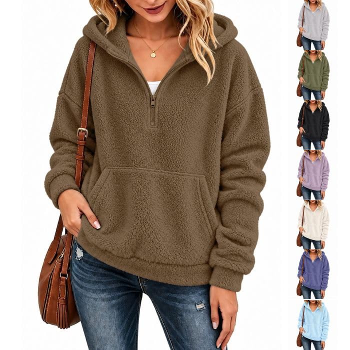 Quarter Zip Pullover Women Fuzzy Sherpa Fall Jackets Fleece Jacket Hoodies Brown L - image 1