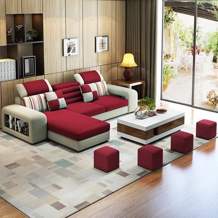 Image of Travis Luxury 8 Seater L Shape Sofa for Living Room Red & Cream LHS | Premium Sofa Set 8 Seater | L Shaped Sofa with Ottoman for Bedroom House Decor