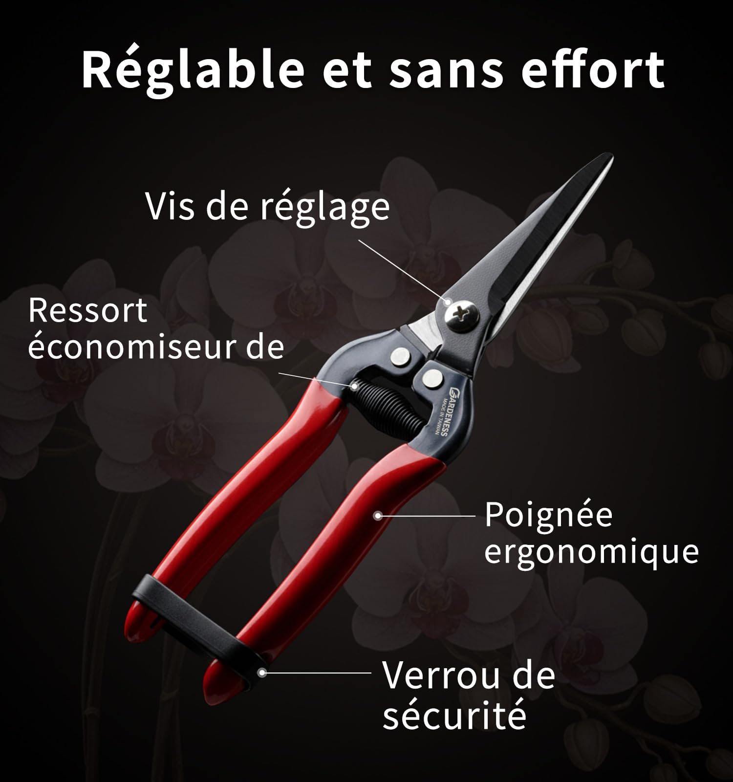 Gardeness – Sécateur droit en acier SK5, ciseaux de jardin ultra tranchants pour plantes, fleurs, fruits, bonsaï – ciseau de jardinage multifonction durable et sans effort