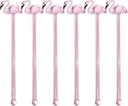 Flamingo Glass Stirrers Creative Swizzle Sticks, 6-PCS Cute Swizzle Sticks Reusable Drink Stir Sticks, Clear Cocktail Stirrers with Pink Flamingo Toppers, Perfect for Tea, Juice & Parties