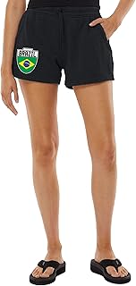 Brazil Crest - Brasil Futbol National Soccer Cup Women's Drawstring Fleece Sweat Shorts (Medium, Black)
