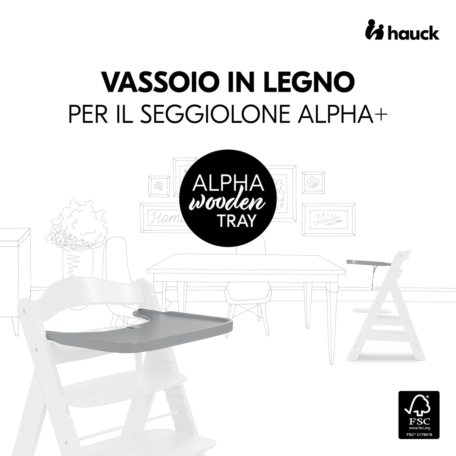 hauck Vassoio Seggiolone Alpha Wooden Tray - Vassoio in Legno di Faggio Cert. FSC, per Seggiolone Pappa Alpha+ e Beta+, Bordo Rialzato - (Grigio)