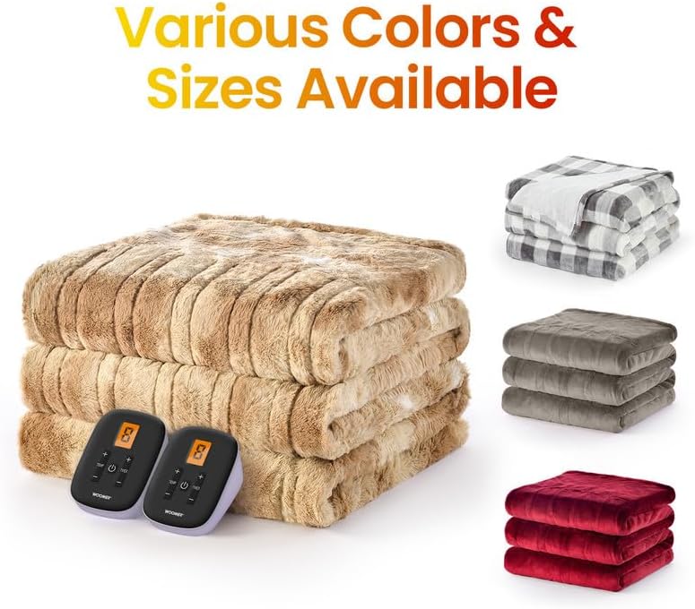 WOOMER Electric Blanket Twin Size 62 x 84, Heated Blanket with 0.5-12 Hours Timer & 10 Heating Levels, ETL Certified, Beige Double-Sided Faux Fur, Over-Heat Protect, Machine Washable